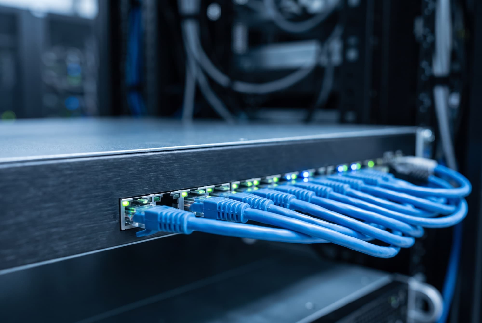 Parte de trás de um servidor com cabos de rede azuis conectados e luzes de status acesas