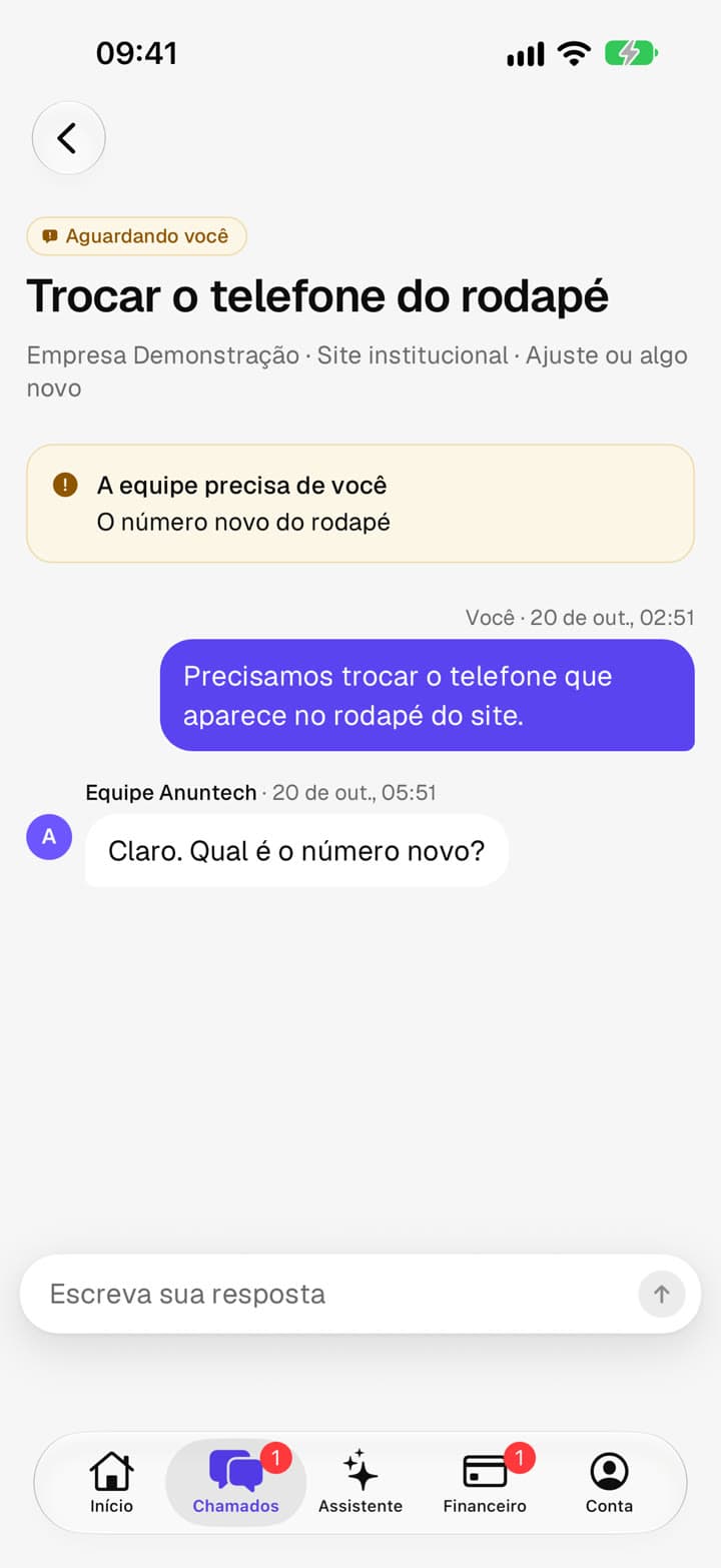 Conversa de um chamado com a equipe da Anuntech