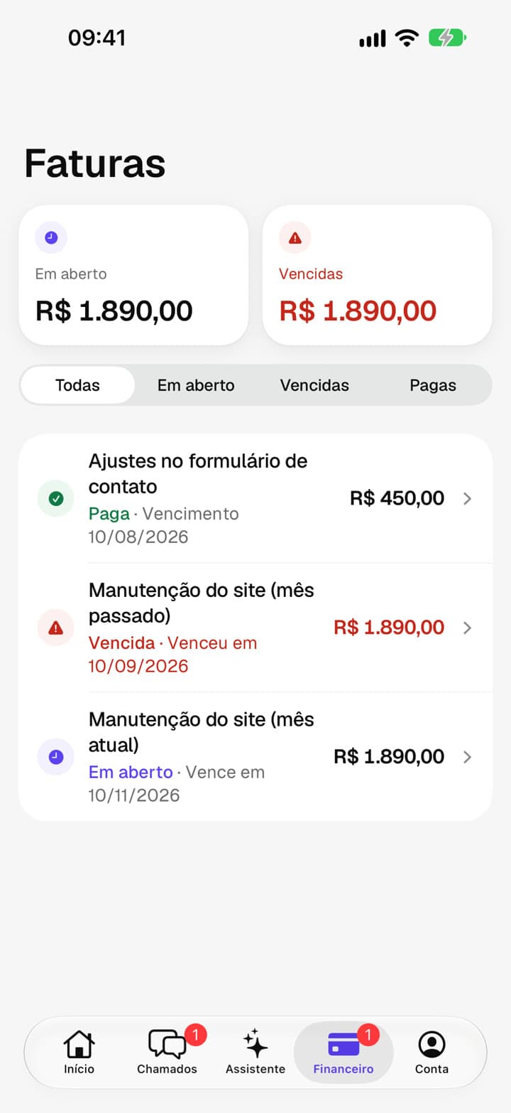 Invoice list with open, overdue and paid amounts