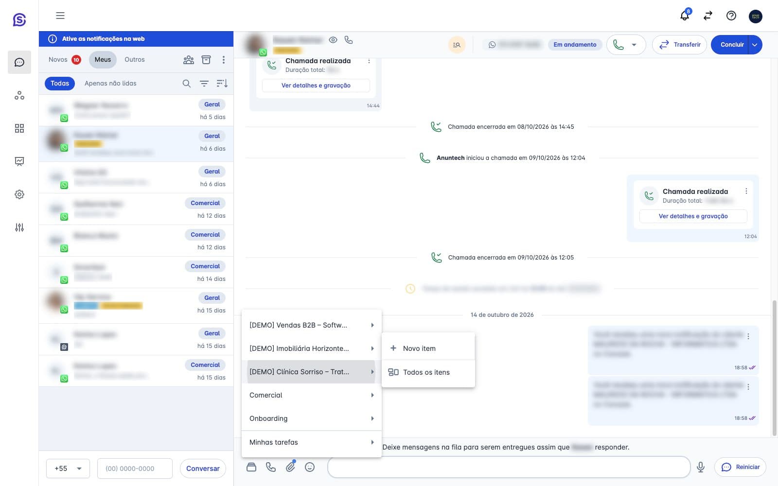 Synova's customer service screen with the conversation list and a contact's call history